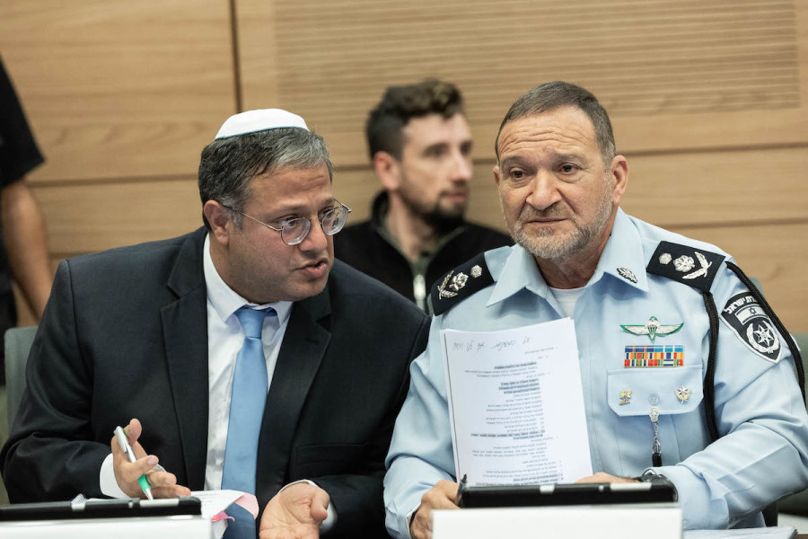 Head of Jewish Power party Itamar Ben Gvir and Chief of Police Kobi Shabtai at a special committee at the Knesset in Jerusalem, Dec. 14, 2022. (Photo: Yonatan Sindel/Flash90)