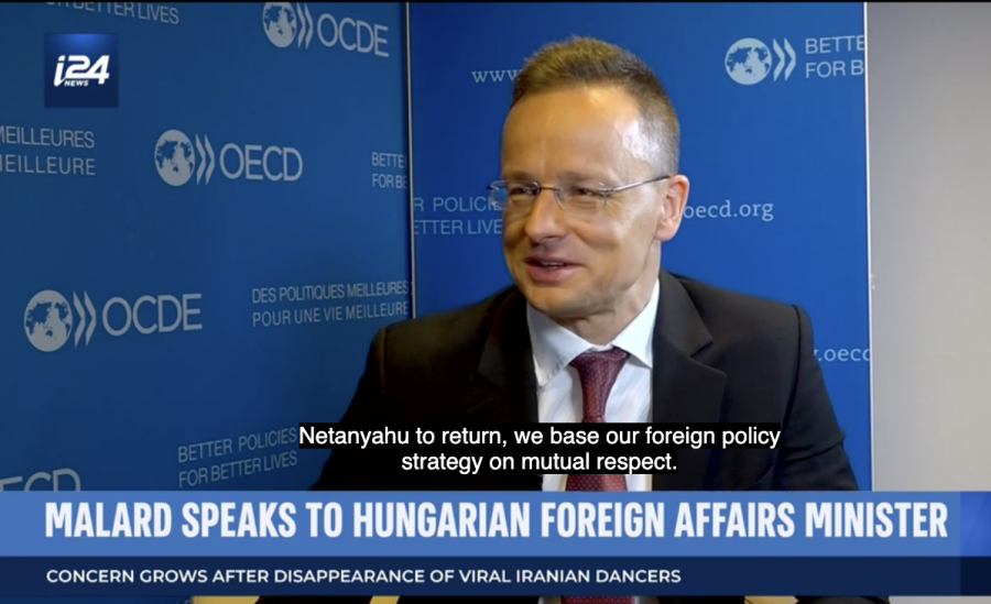 Hungarian Foreign Minister Péter Szijjártó in an interview with i24NEWS (Photo: Screenshot)