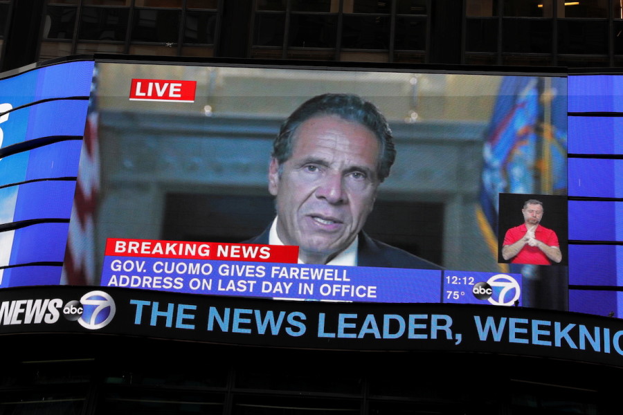 A farewell speech by New York Governor Andrew Cuomo is broadcast live on a screen in Times Square on his final day in office in Manhattan, New York City, Aug. 23, 2021. (Photo: REUTERS/Andrew Kelly)