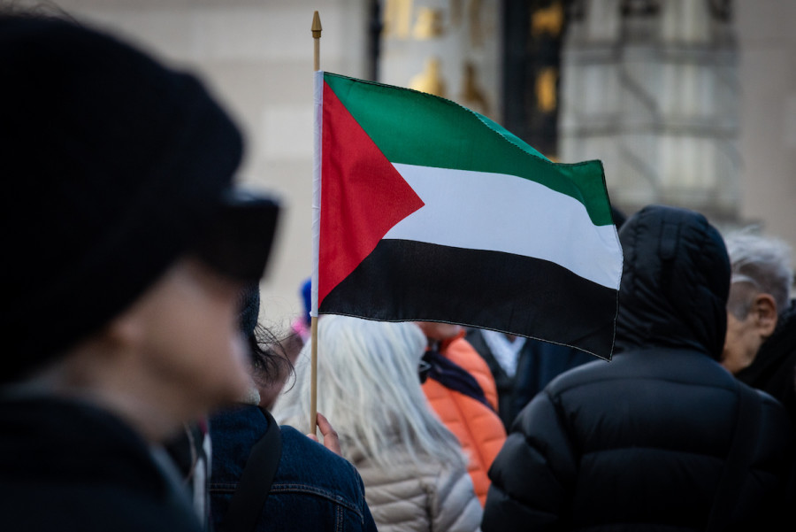 A protestor displays a Palestinian flag at a rally at Grand Army Plaza in Brooklyn, New York on Mar. 5, 2023. (Photo: Gabriele Holtermann/Sipa USA)