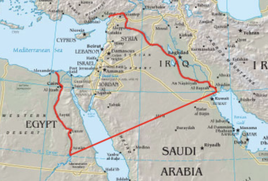 A map of the Middle East with a red line marking "Greater Israel" (Image: Public Domain)