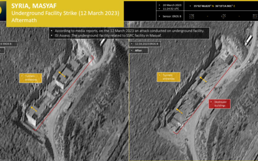 This photo released by ImageSat International on March 22, 2023, shows damage to a site near the Syrian city of Masyaf after an airstrike attributed to Israel on March 12, 2023. (Photo: ImageSat International)