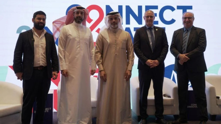 From left to right: Nave Shachar, Innovation Diplomacy GCC director, Start-Up Nation Central; Khalid Yusuf Ahmed Al Jalahma, Bahrain’s ambassador to Israel; Ali Halwachi, Alpha Solar CEO; Ofir Gomeh, managing partner, Capital Nature; Israeli Ambassador to Bahrain Eitan Na’eh (Photo courtesy)
