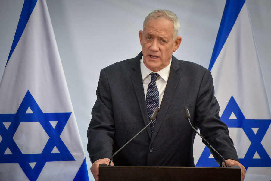 National Unity party head Benny Gantz speaks during a joint press conference of heads of opposition parties in Tel Aviv, Mar. 16, 2023. (Photo: Avshalom Sassoni/Flash90)