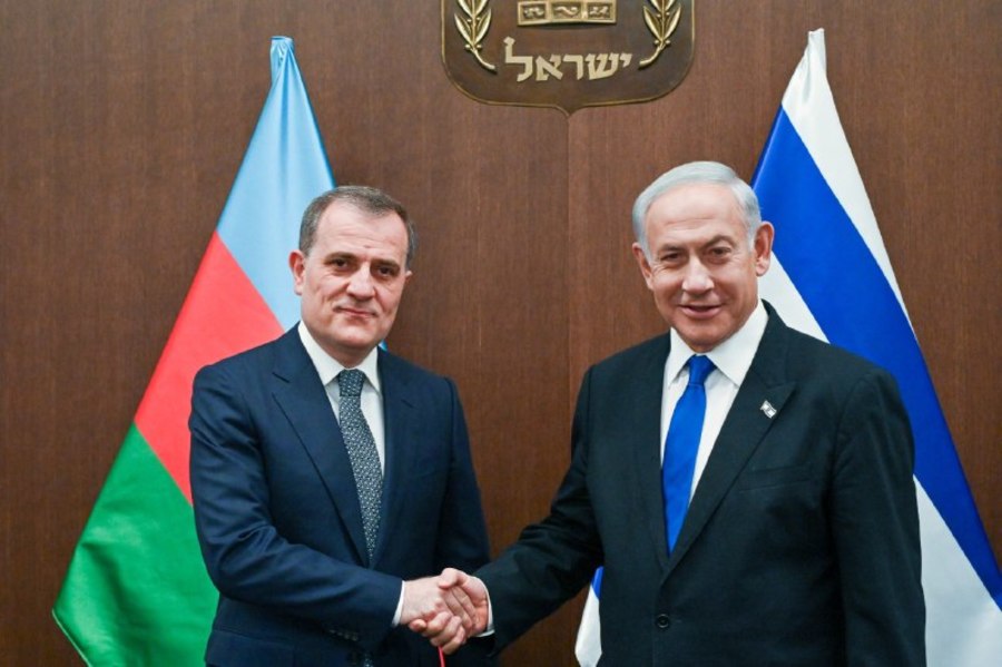 Israeli Prime Minister Benjamin Netanyahu meets with Azerbaijan Foreign Minister Jeyhoun Bayramov, Mar. 29, 2023 (Photo: Kobi Gideon/GPO)