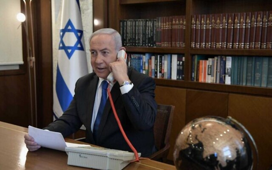 Israeli Prime Minister Benjamin Netanyahu at his office in Jerusalem on a phone call with UAE leader Mohamed Bin Zayed, Aug. 13, 2020. (Photo: Kobi Gideon/PMO)
