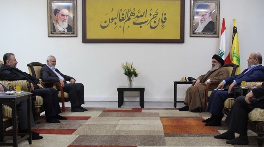 Hezbollah chief Hassan Nasrallah (back right) meets with Hamas delegation lead by senior political leader Ismail Haniyeh (back left) in Beirut, Lebanon, Apr. 9, 2023. (Photo: Screenshot/Twitter)