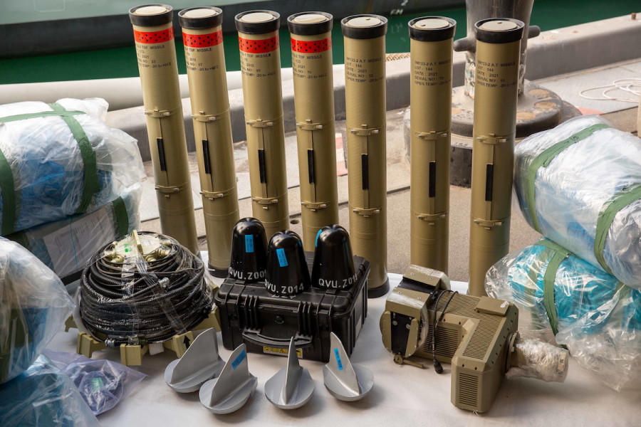 Illustrative - Weapons, including anti-tank guided missiles, which Britain's Royal Navy described as Iranian and said it had seized from a smugglers vessel in international waters in the Gulf of Oman, are displayed at a pier side during inventory at a military facility in the U.S. 5th Fleet area of operations in the gulf, Feb. 26, 2023. (Photo: Sergeant Brandon Murphy/U.S. Army/Handout via REUTERS)