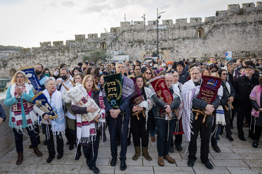 Members of the Women of the Wall, Conservative and Reform Movement hold Rosh Hodesh prayer at the Western Wall in Jerusalem Old City, March 4, 2022. (Photo: Yonatan Sindel/Flash90)