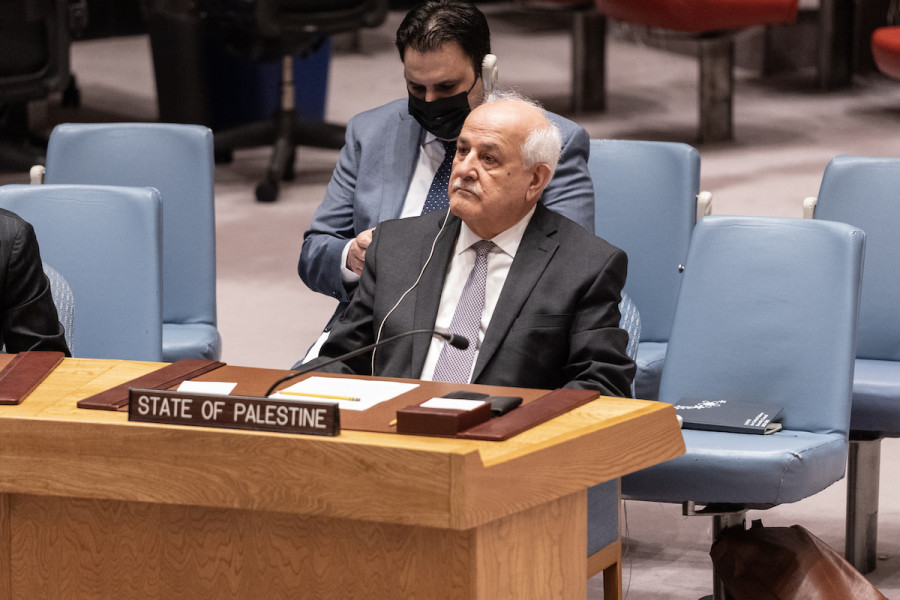 Riyad Mansour, permanent observer of the State of Palestine to the UN, attends a Security Council meeting on the situation in the Middle East, including the Palestinian question at UN Headquarters in New York, Feb. 20, 2023. (Photo: Lev Radin/Sipa USA)