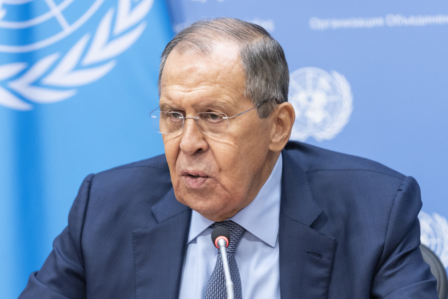 Russian Foreign Minister Sergey Lavrov speaks during press briefing at UN Headquarters in New York, Sept. 24, 2022. (Photo by Lev Radin/Sipa USA)