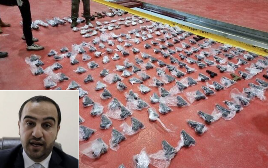 Combination picture shows Jordanian MP Imad al-Adwan and handguns allegedly seized from him when hew was arrested, Apr. 23, 2023 (Photo: Screenshot; courtesy)