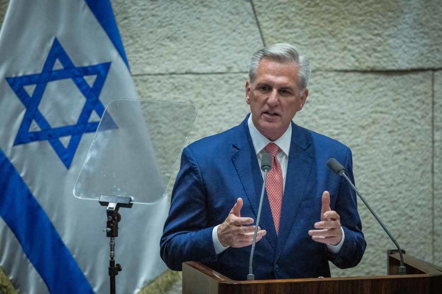 U.S. House Speaker Kevin McCarthy speaks during the opening of the summer session in the assembly hall of the Knesset, the Israeli parliament in Jerusalem, May 1, 2023. (Photo: Yonatan Sindel/Flash90)