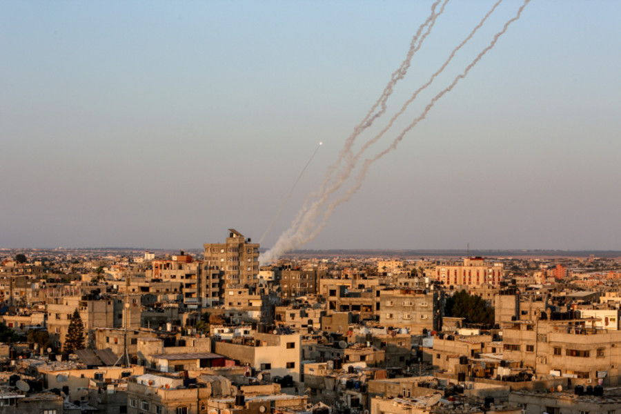 Rockets are launched from the Gaza Strip towards Israel, in the city of Rafah in the southern Gaza Strip, on Aug. 7, 2022. Photo by Abed Rahim Khatib/Flash90