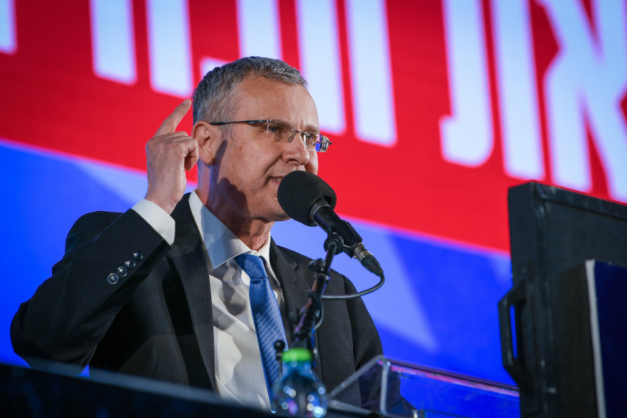 Justice Minister Yariv Levin at a rally in support of the government's planned judicial overhaul, outside the Knesset in Jerusalem, Apr. 27, 2023. (Photo: Arie Leib Abrams/Flash90)