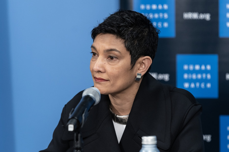Tirana Hassan, acting executive director of HRW speaks during Human RIghts Watch briefing at UN Correspondents Association at UN Headquarters in New York, March 9, 2023. (Photo: Lev Radin/Sipa USA)