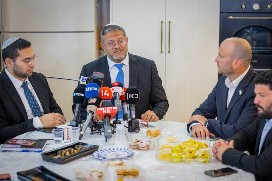Minister of National Security Itamar Ben Gvir gives a press statement during a Jewish Power party meeting in the southern Israeli city of Sderot, May 3, 2023. (Photo: Flash90)