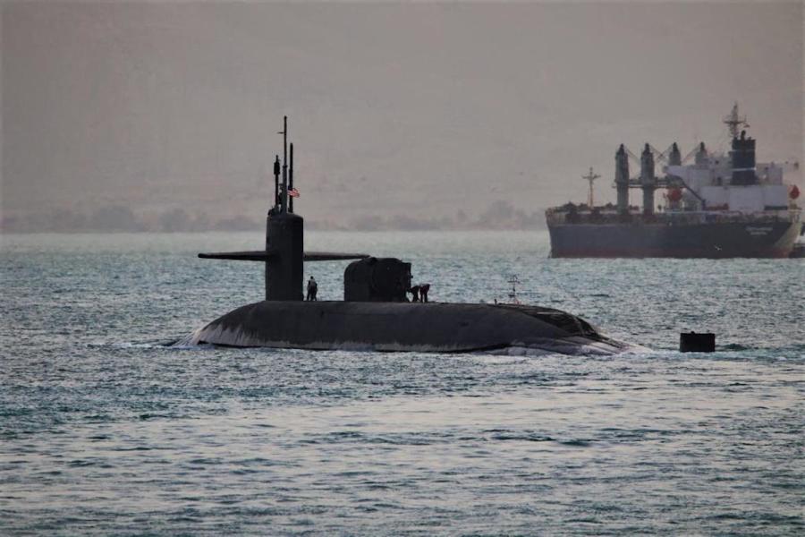 The guided-missile submarine USS Florida moving through the Suez Canal en route to the Red Sea, April 7, 2023. (Photo: U.S. Navy/Mass Communication Specialist 2nd Class Elliot Schaudt via ABACAPRESS.COM)