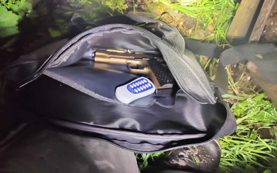 A gun and other contraband allegedly belonging to a Popular Front for the Liberation of Palestine terror cell, which is accused of an attempted bombing in the settlement of Beitar Illit and planning other attacks, in a handout photo from May 8, 2023. (Photo: Israel Security Agency)