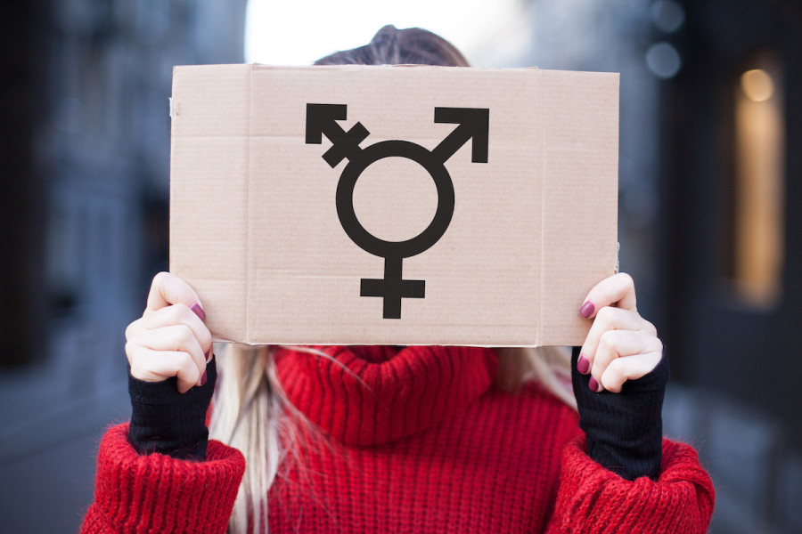 Someone holding a cardboard plate with the transgender symbol (Photo: Shutterstock)