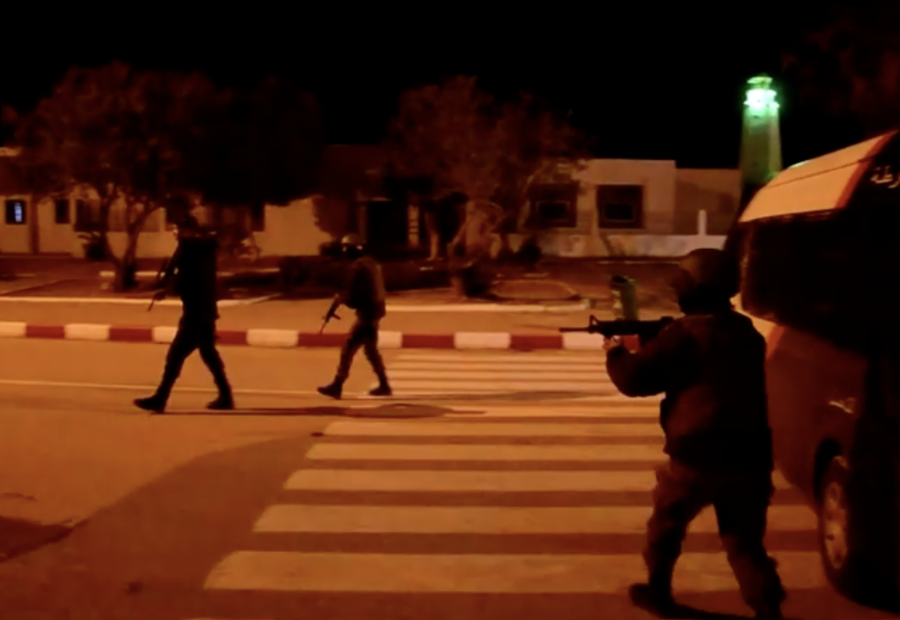 Security forces walking outside the entrance of Ghriba synagogue, following an attack, in Djerba, Tunisia, May 9, 2023. (Photo: Screenshot)
