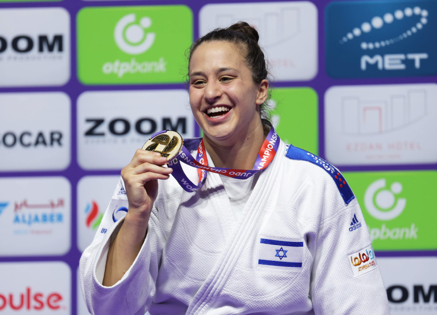 Israel's Inbar LANIR celebrates on the podium after winning the Women (female)-78 kg at World Judo Championships in Doha, Qatar, May 12, 2023. (Photo: Hiroto Sekiguchi/The Yomiuri Shimbun via Reuters)