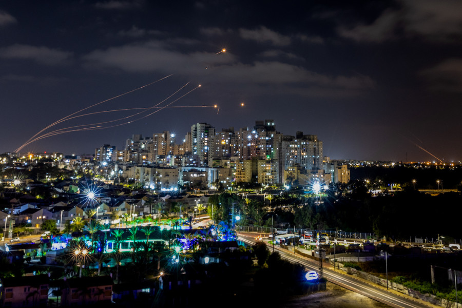 Iron Dome anti-missile system fires interception missiles as rockets fired from the Gaza Strip to Israel, as it seen from Ashkelon, May 13, 2023. (Photo: Yossi Aloni/Flash90)