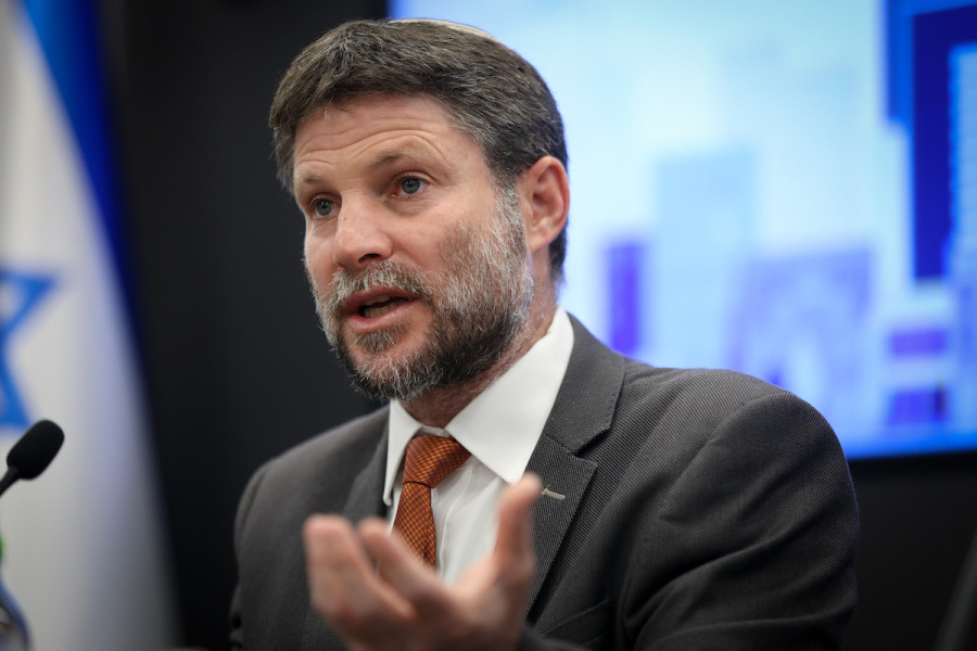 Finance Minister Bezalel Smotrich attends a press conference at the Ministry of Finance in Jerusalem, May 14, 2023. (Photo: Noam Revkin Fenton/Flash90)