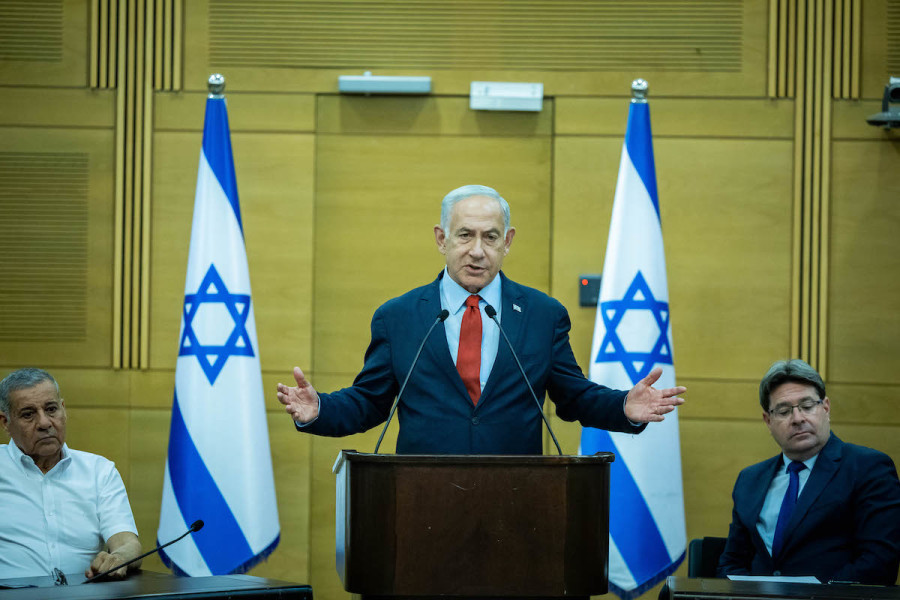 Israeli Prime Minister Benjamin Netanyahu leads a faction meeting at the Knesset in Jerusalem, May 15, 2023. (Photo: Yonatan Sindel/Flash90)