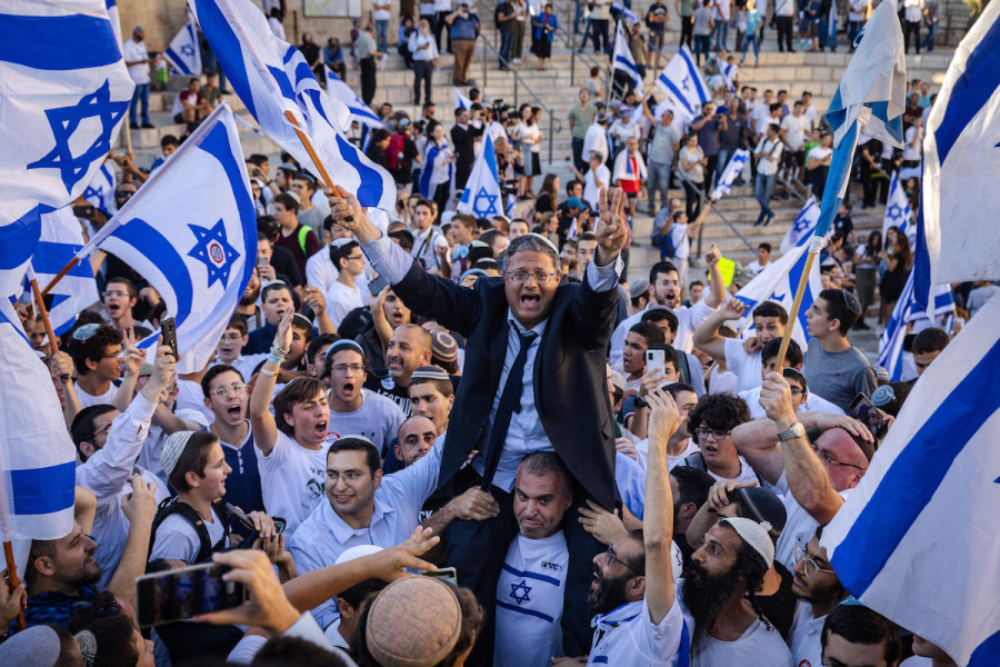 Israelis dance during the March of Flags at Damascus Gate in Jerusalem's Old City, June 15, 2021. (Photo: Photo by Olivier Fitoussi/Flash90)
