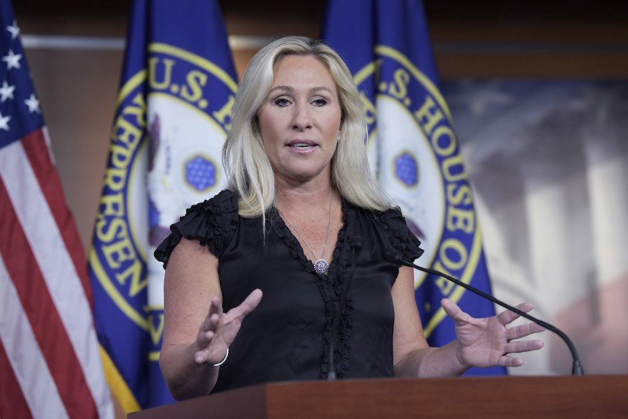 Congresswoman Marjorie Taylor Greene (R-GA) makes an announcement about introducing Articles of Impeachment against President Joe Biden, during a press conference, May 18, 2023. (Photo: Lenin Nolly/NurPhoto)