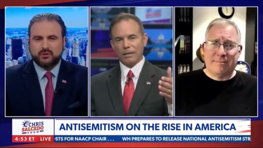 ALL ISRAEL NEWS Editor-in-Chief Joel C. Rosenberg (R) and CASEPAC Executive Director Bryan Leib (L) on The Chris Salcedo Show on Newsmax TV (Photo: Screenshot)