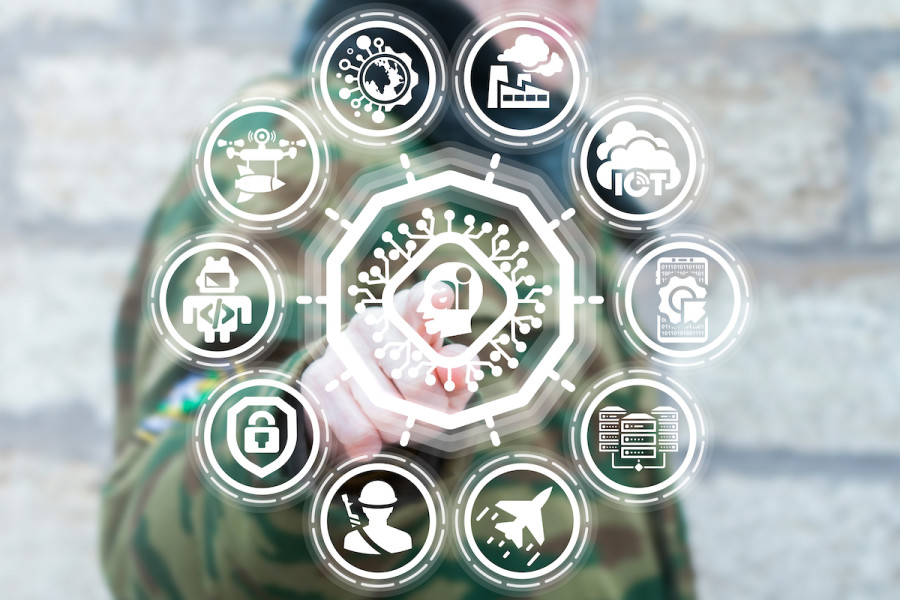Illustrative - Soldier presses a circuit board head AI button on a virtual interface. (Photo: Shutterstock)