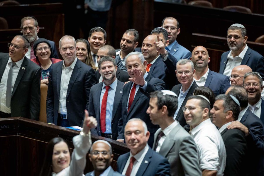 Israeli Prime Minister Benjamin Netanyahu with coalition members seen after a discussion and a vote on the state budget in the Knesset assembly hall in Jerusalem, May 23, 2023. (Photo: Photo: Yonatan Sindel/Flash90)
