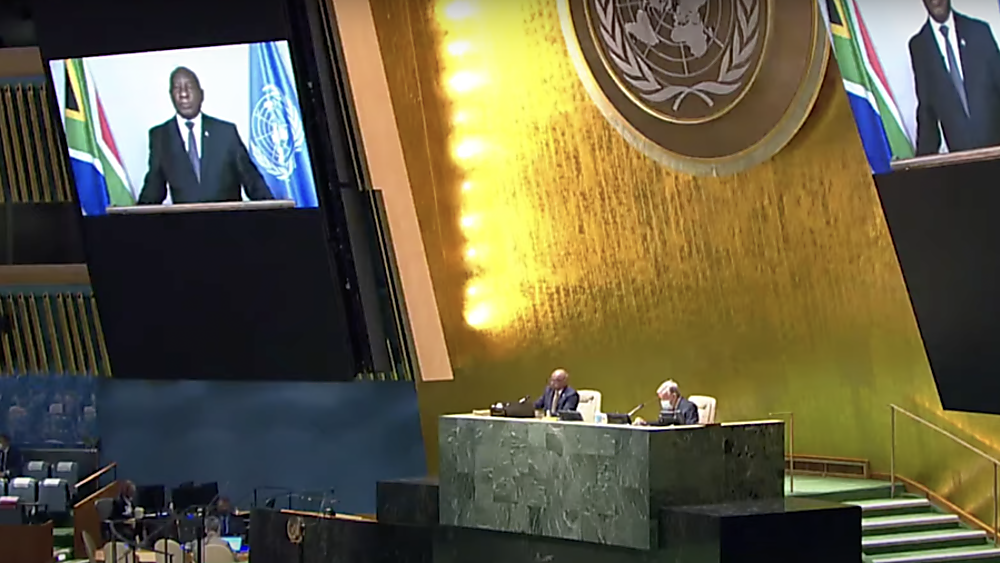 South Africa's President Matamela Cyril Ramaphosa addresses the opening ceremony of the Durban conference, as part of the UN General Assembly 76th session, Sept. 22, 2021. (Photo: screenshot)