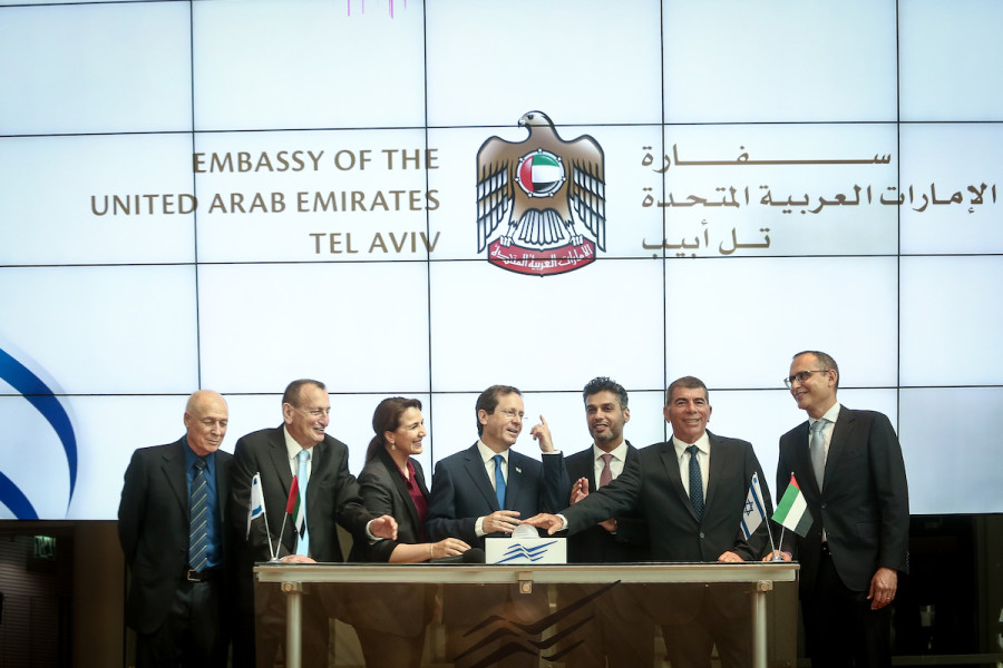 UAE Ambassador to Israel Mohamed Al Khaja and Israeli President Isaac Herzog at the opening ceremony of the UAE embassy in Tel Aviv, July 14, 2021. (Photo: Miriam Alster/Flash90)