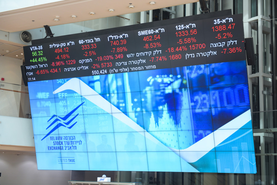 A stock market ticker screen in the lobby of the Tel Aviv Stock Exchange, in the center of Tel Aviv, March 9, 2020. (Photo: Avshalom Sassoni/Flash90)