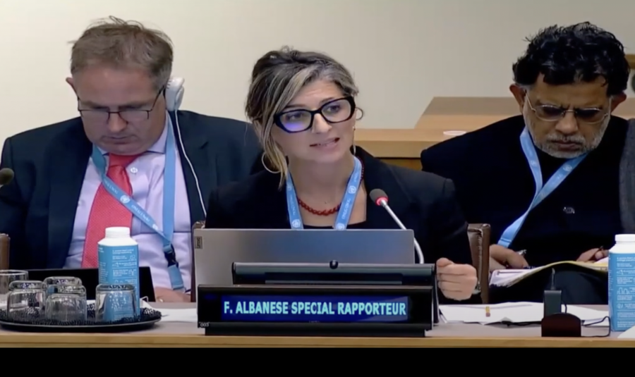 UN Special Rapporteur Francesca Albanese addresses the UN, October 2022. (Photo: Screenshot)