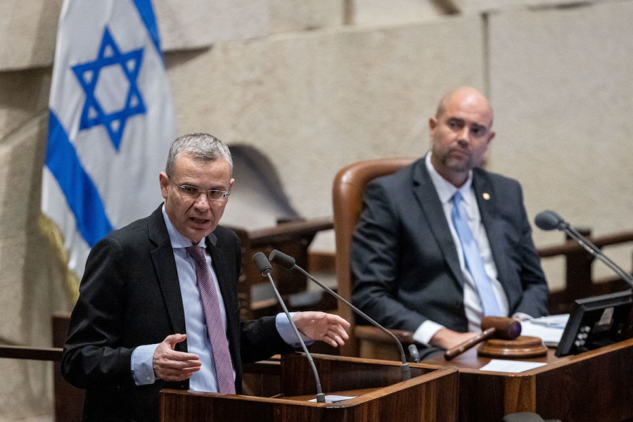 Justice Minister Yariv Levin speaks during a discussion and a vote in the Knesset assembly hall in Jerusalem, Feb. 22, 2023. (Photo: Yonatan Sindel/Flash90)