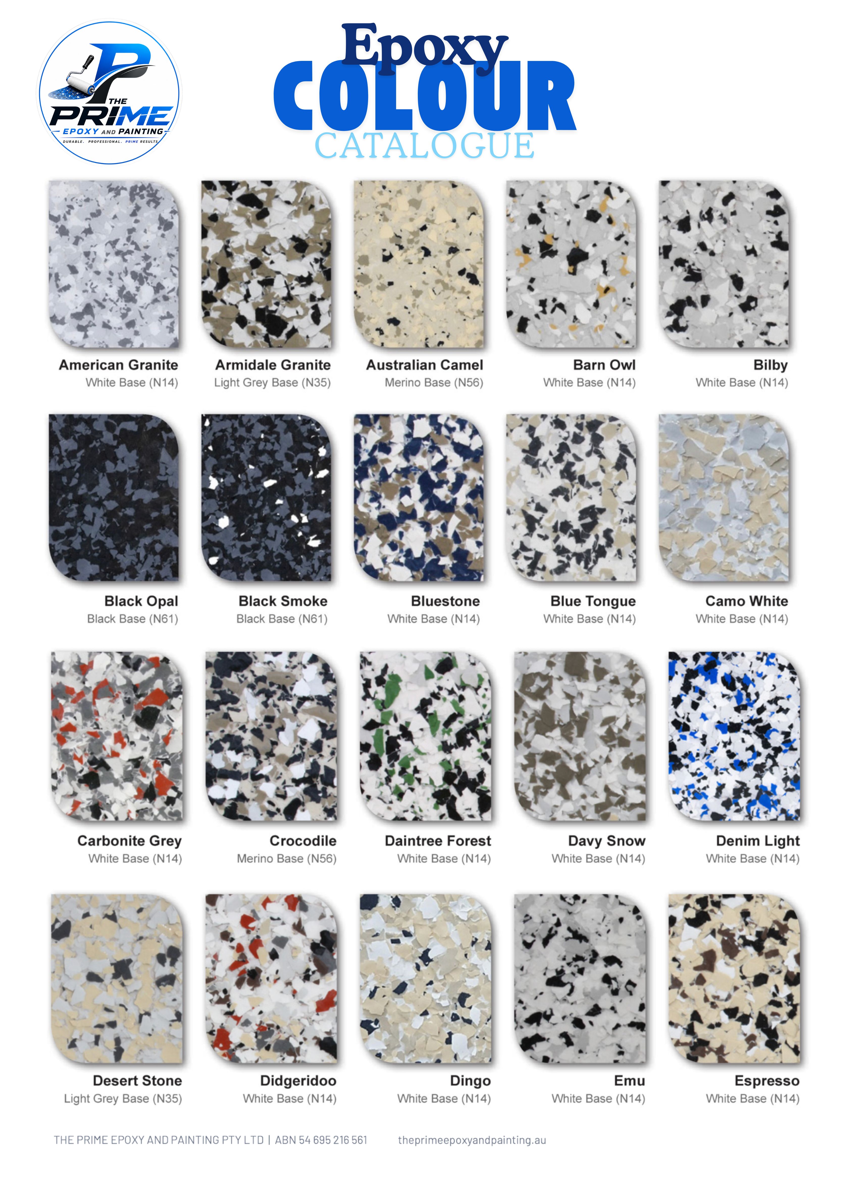 Prime epoxy floor colour catalogue showing decorative flake colour options for garage, residential and commercial flooring.