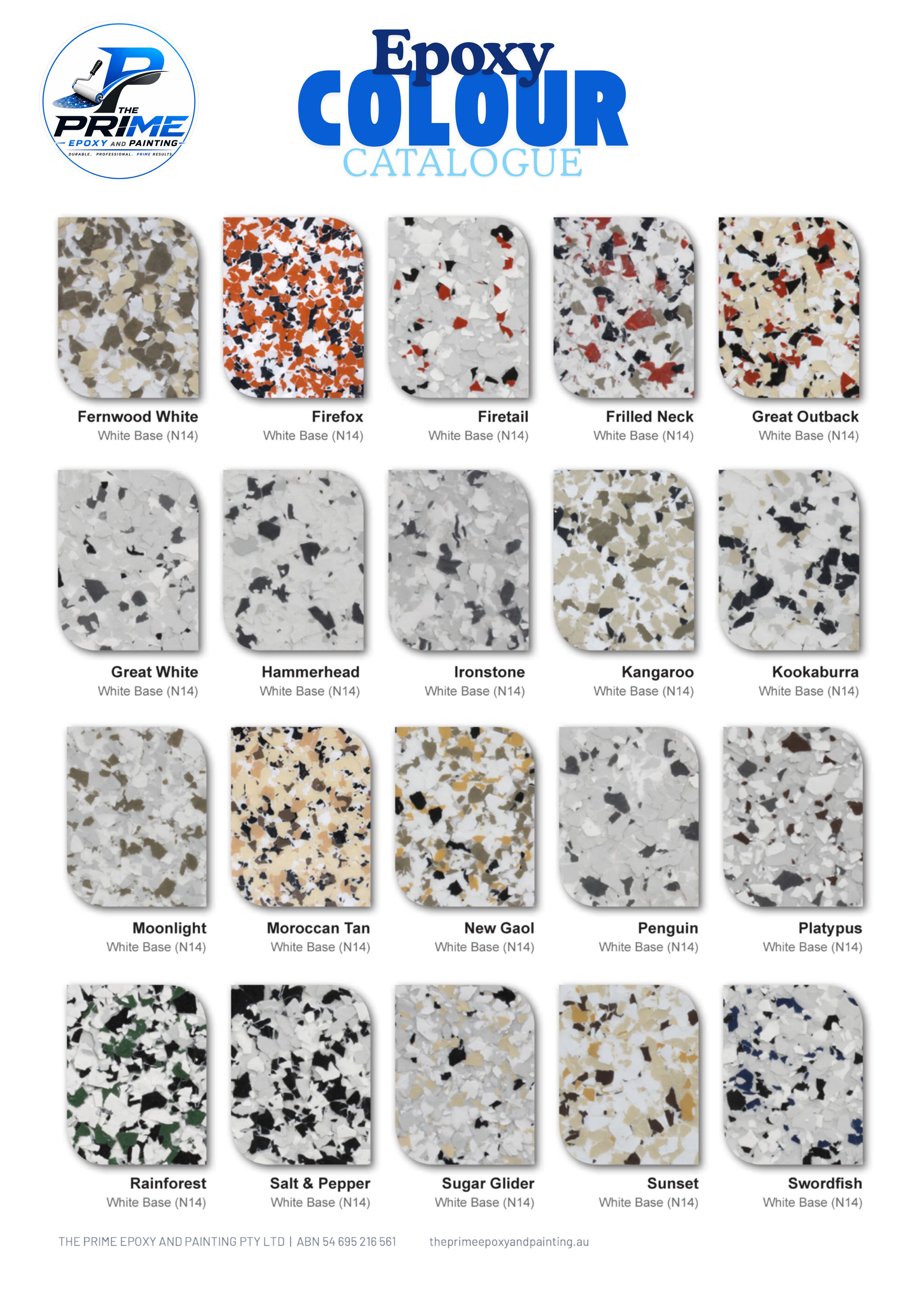 Prime epoxy floor colour catalogue showing decorative flake colour options for garage, residential and commercial flooring.