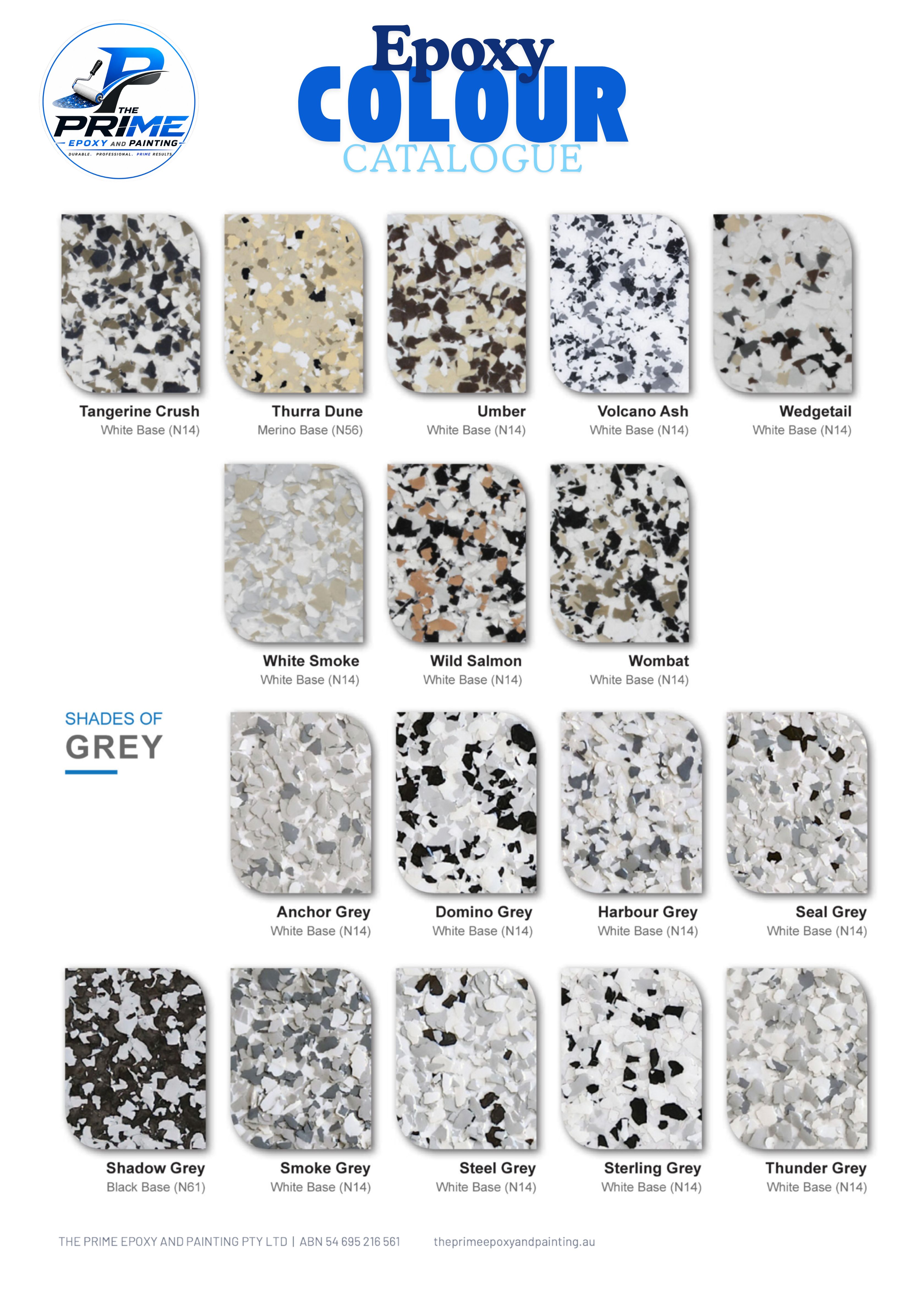 Prime epoxy floor colour catalogue showing decorative flake colour options for garage, residential and commercial flooring.