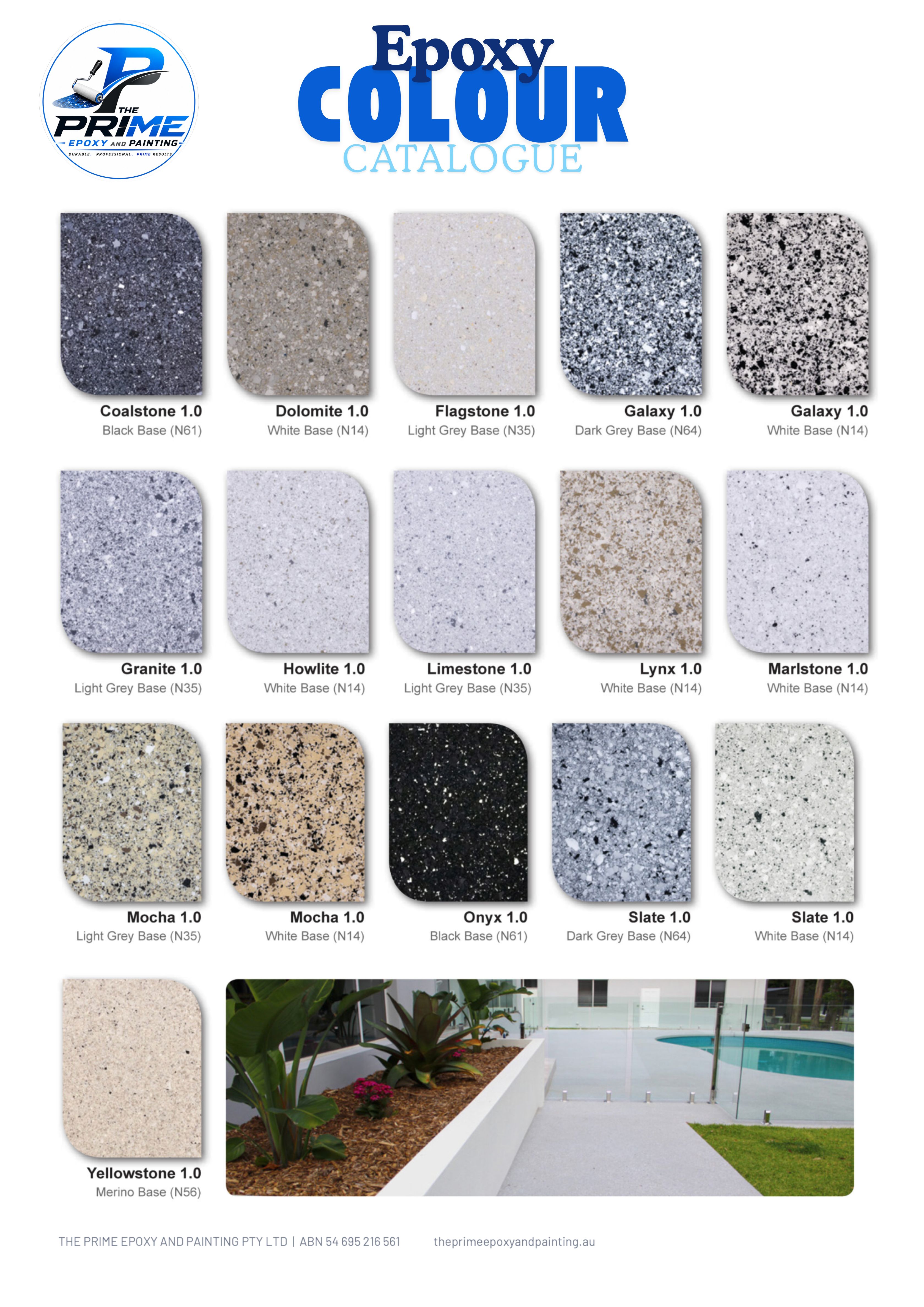 Prime epoxy floor colour catalogue showing decorative flake colour options for garage, residential and commercial flooring.