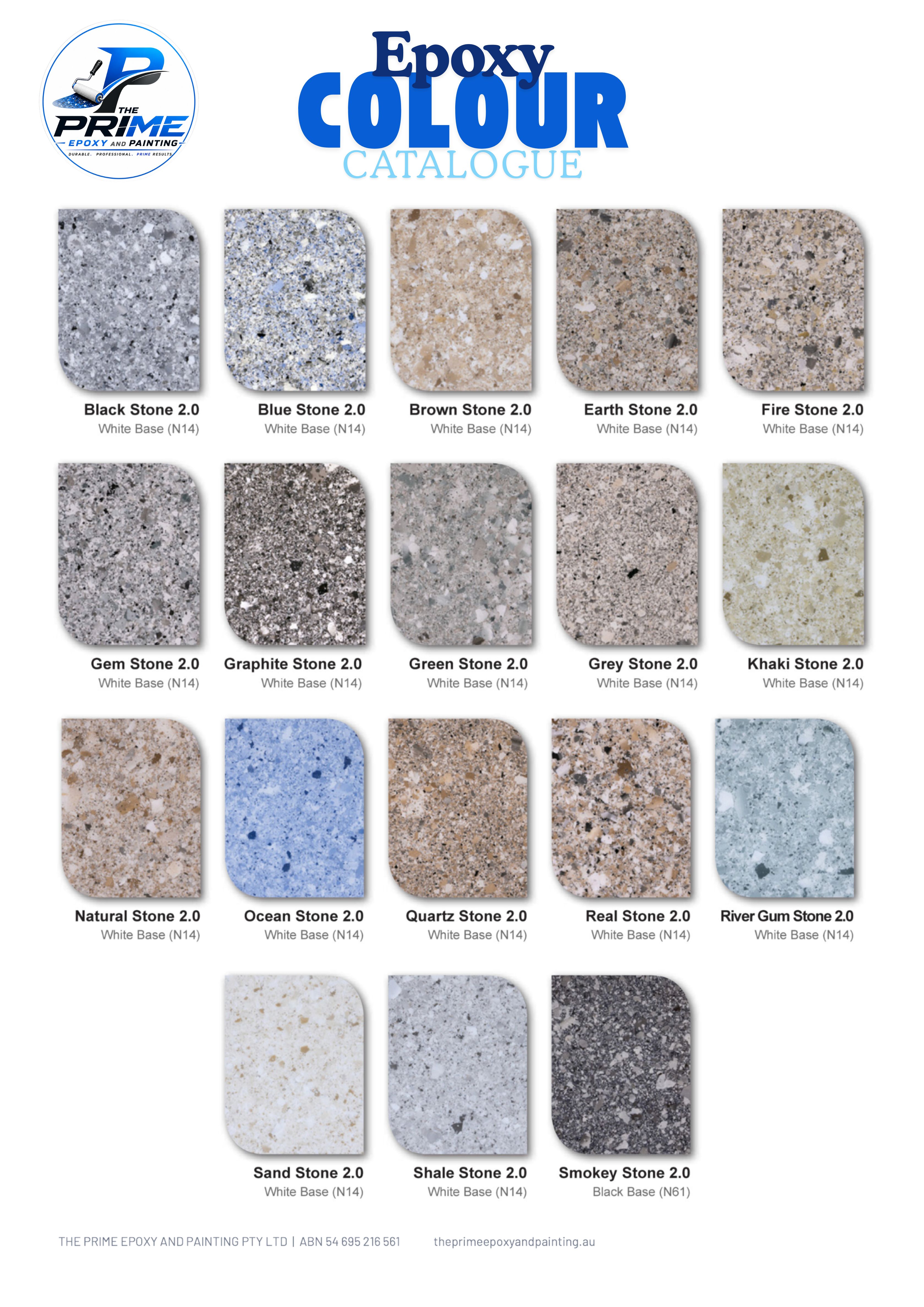 Prime epoxy floor colour catalogue showing decorative flake colour options for garage, residential and commercial flooring.