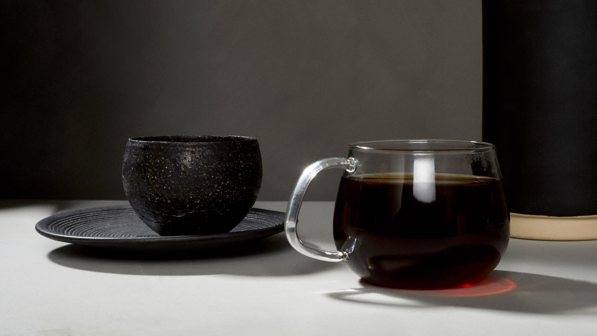 Image of brewed Exceedingly Rare Moka Java blend coffee in a glass Kinto Cafe Cup