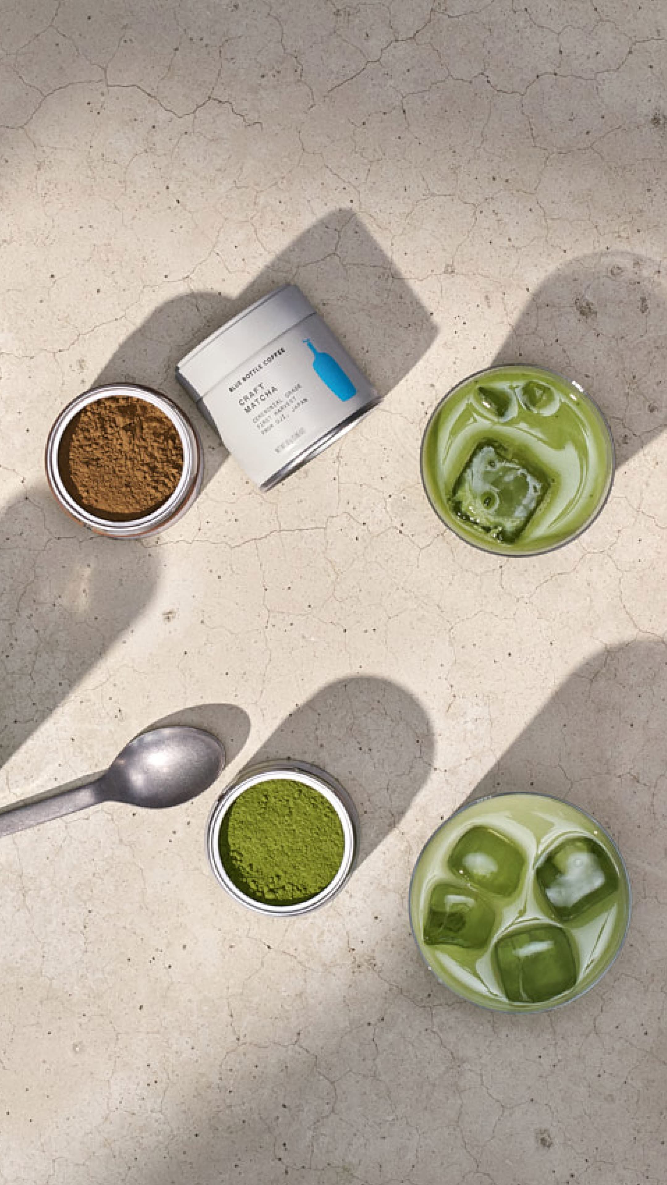 blue bottle craft matcha and hojicha powder and iced matcha latte