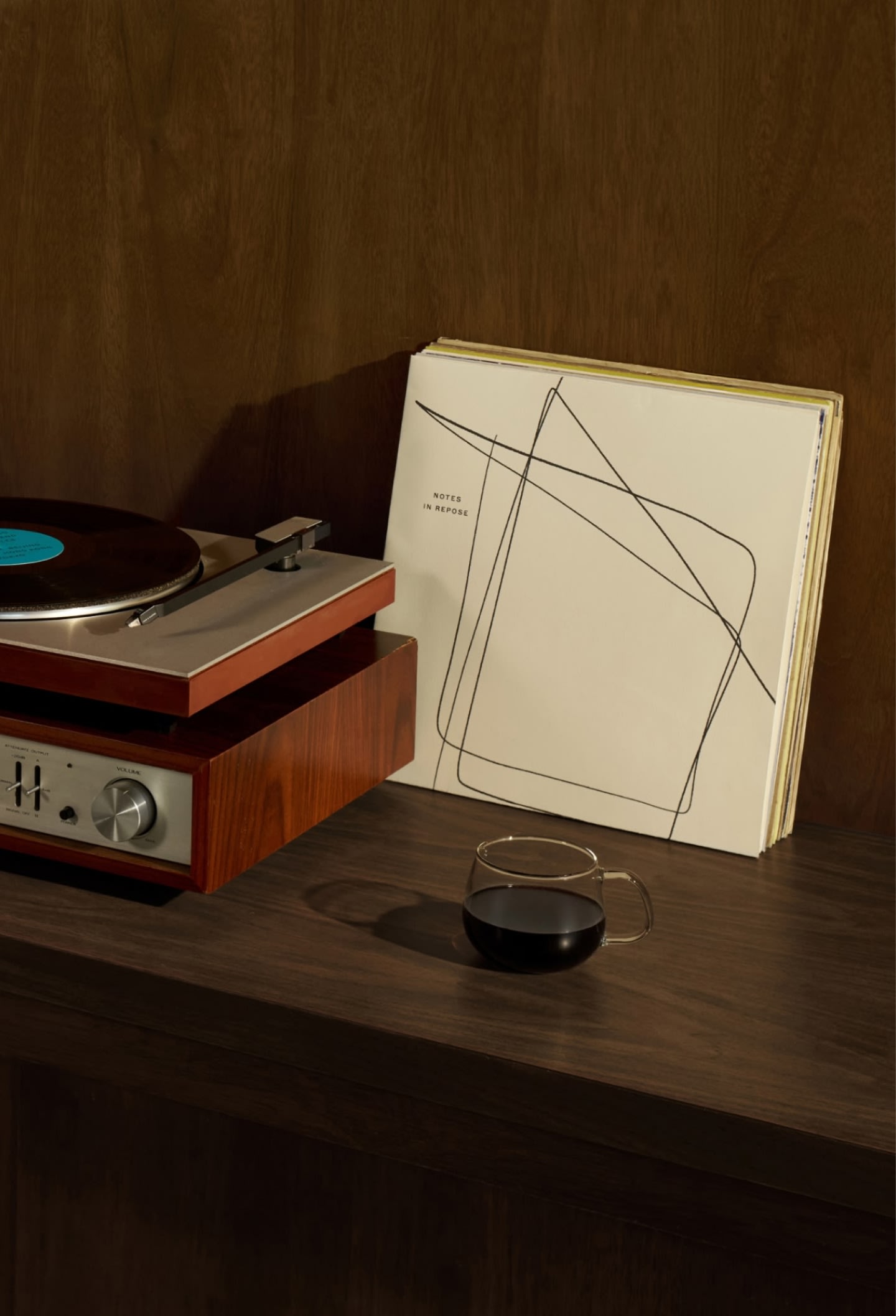 blue bottle notes in repose vinyl sits on coffee table with record player