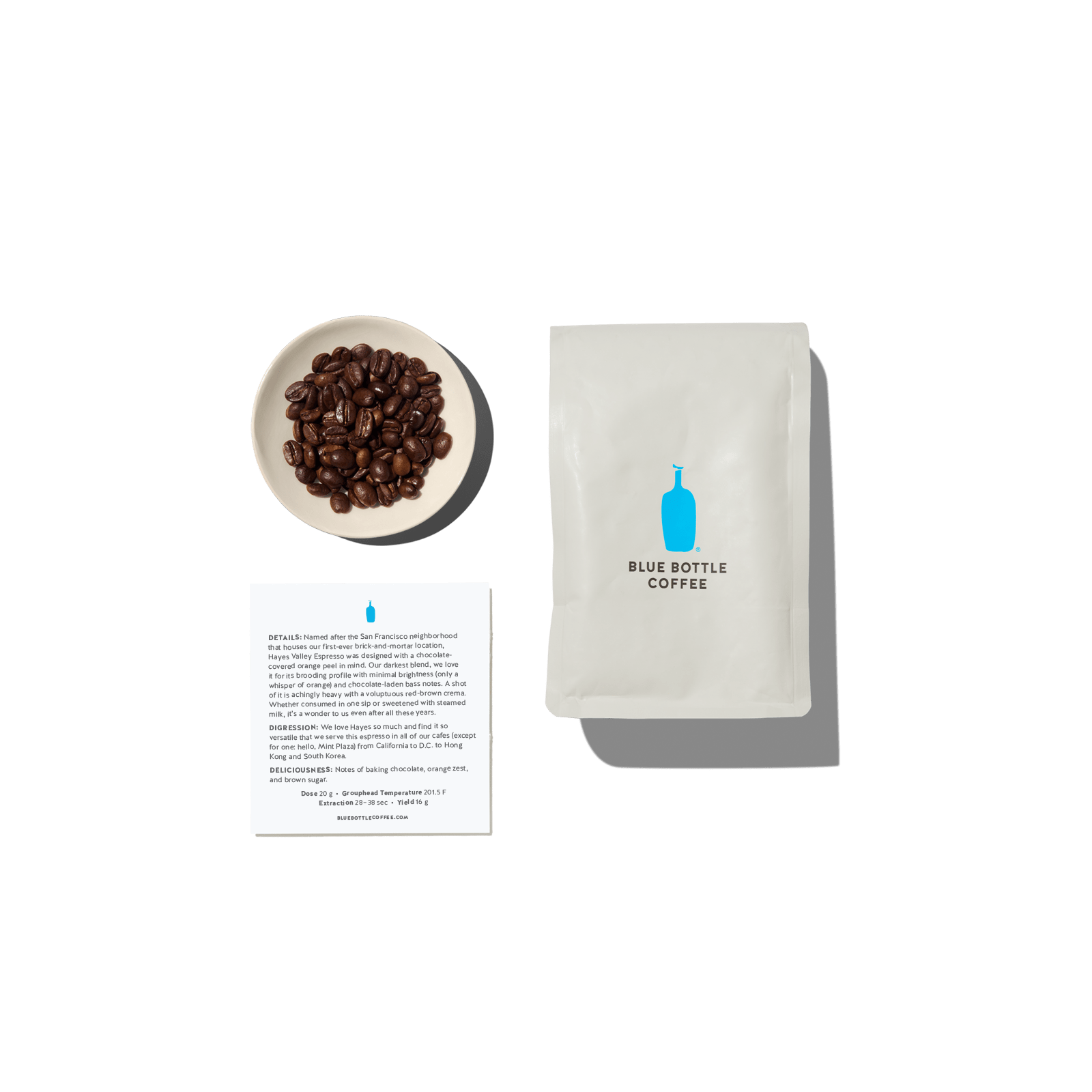 Bag of espresso, cup of beans and coffee card.