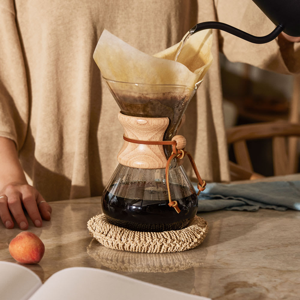 Chemex 6-cup on table with coffee brewing
