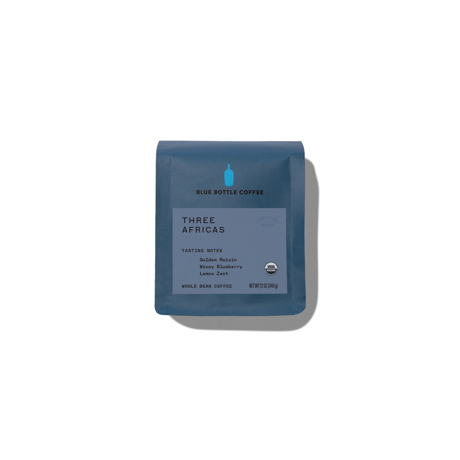 Blue Bottle Three Africas US whole-bean bag with golden raisin, winey blueberry and lemon zest notes